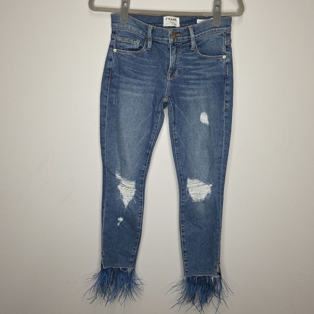 FRAME Le Skinny de Jeanne feather-embellished hem Womens Sz 25 Chrystie LSJFH183